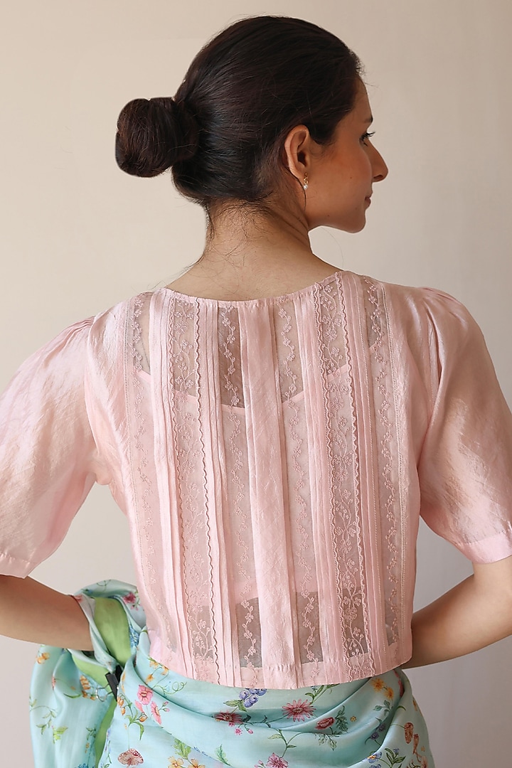 Pink Handwoven Organza Mulberry Silk Embroidered Blouse by Surmaye at Pernia's Pop Up Shop