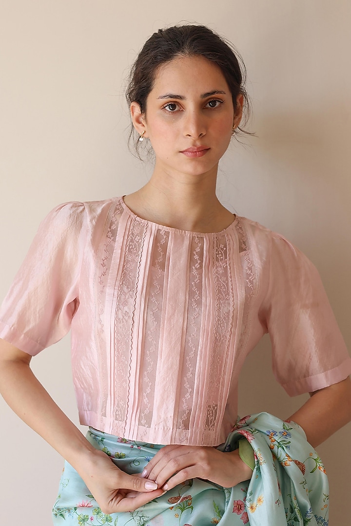 Pink Handwoven Organza Mulberry Silk Embroidered Blouse by Surmaye at Pernia's Pop Up Shop