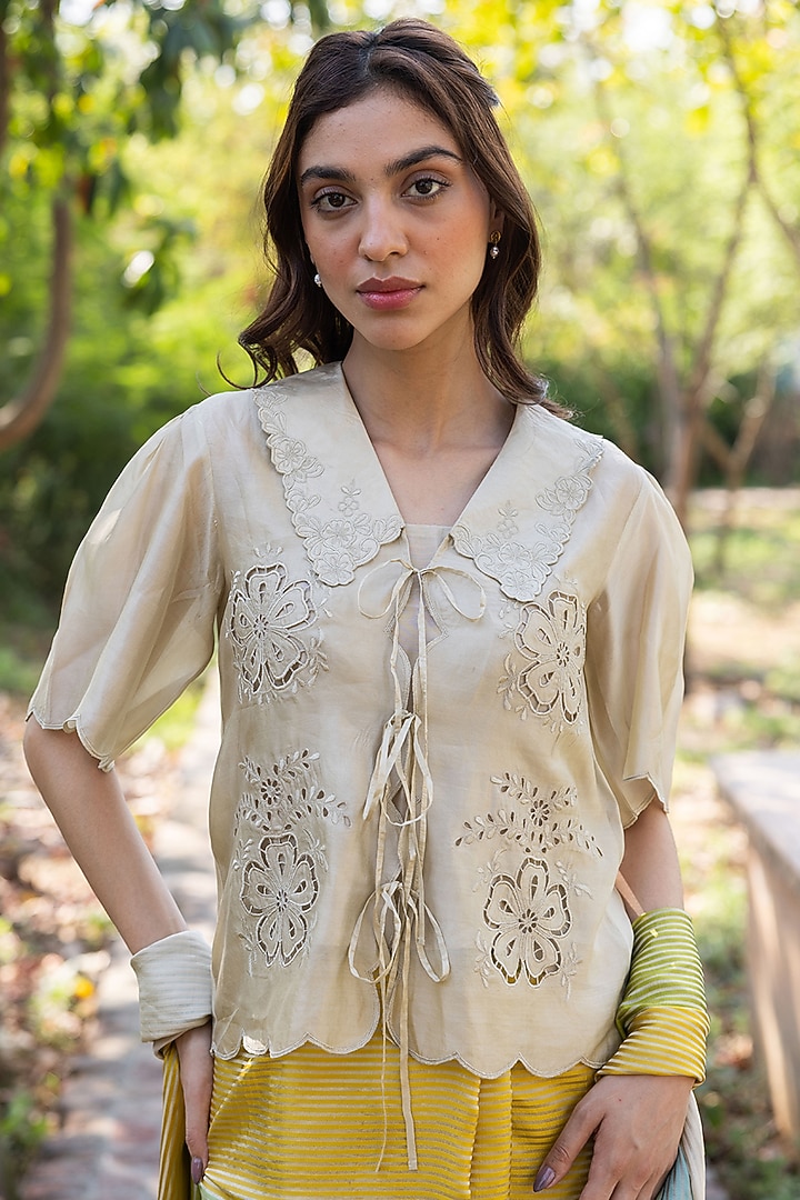 Beige Handwoven Organza Mulberry Silk Cutwork Embroidered Blouse by Surmaye at Pernia's Pop Up Shop