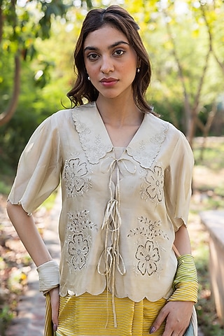 Beige Handwoven Organza Mulberry Silk Cutwork Embroidered Blouse by Surmaye