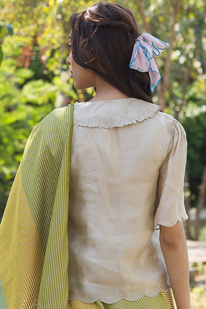 Beige Handwoven Organza Mulberry Silk Cutwork Embroidered Blouse by Surmaye at Pernia's Pop Up Shop