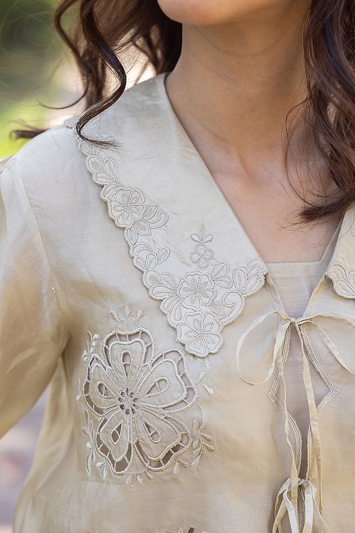 Beige Handwoven Organza Mulberry Silk Cutwork Embroidered Blouse by Surmaye at Pernia's Pop Up Shop