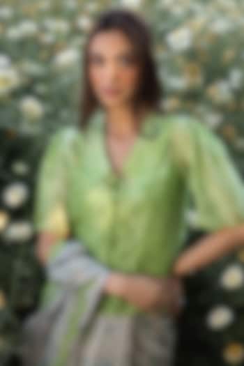 Green Handwoven Organza Mulberry Silk Cutwork Embroidered Blouse by Surmaye at Pernia's Pop Up Shop