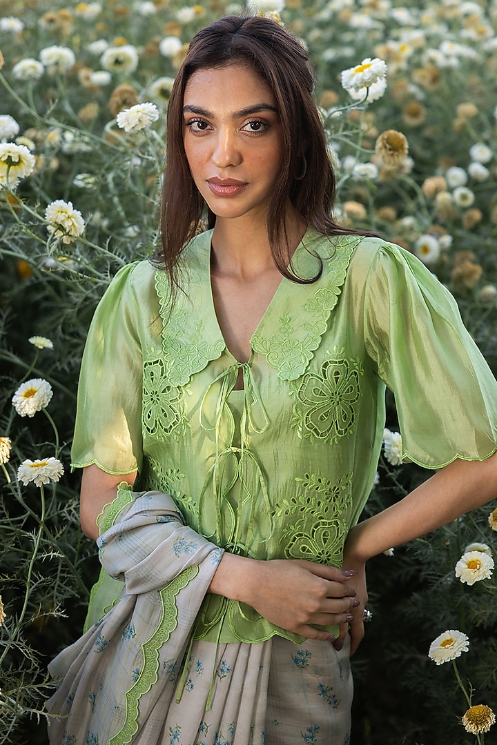 Green Handwoven Organza Mulberry Silk Cutwork Embroidered Blouse by Surmaye at Pernia's Pop Up Shop