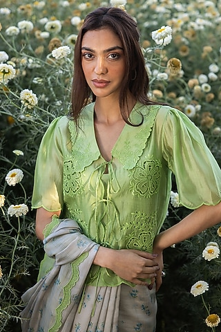Green Handwoven Organza Mulberry Silk Cutwork Embroidered Blouse by Surmaye