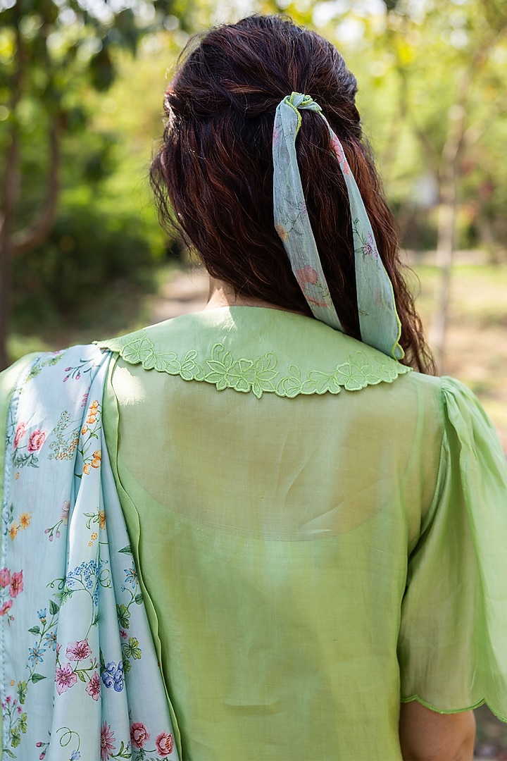 Green Handwoven Organza Mulberry Silk Cutwork Embroidered Blouse by Surmaye at Pernia's Pop Up Shop
