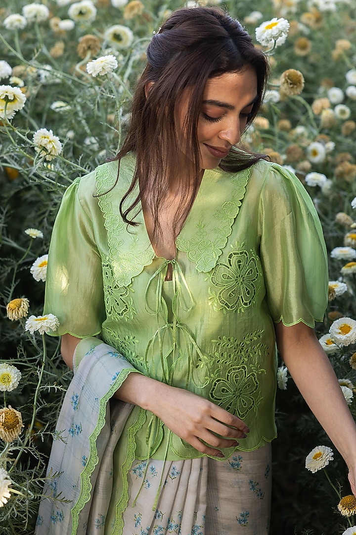 Green Handwoven Organza Mulberry Silk Cutwork Embroidered Blouse by Surmaye at Pernia's Pop Up Shop