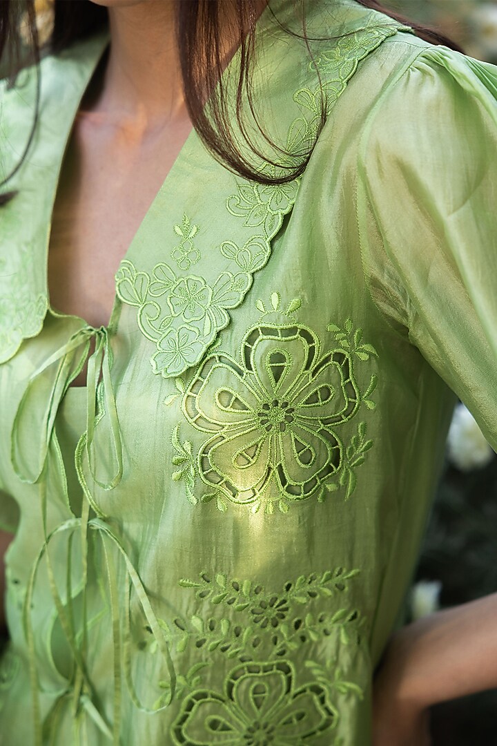 Green Handwoven Organza Mulberry Silk Cutwork Embroidered Blouse by Surmaye at Pernia's Pop Up Shop