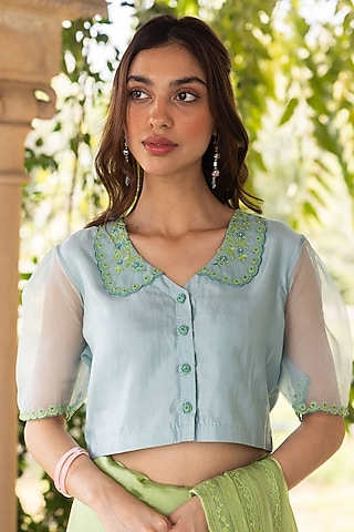 Blue Handwoven Organza Mulberry Silk Hand Embroidered Blouse by Surmaye
