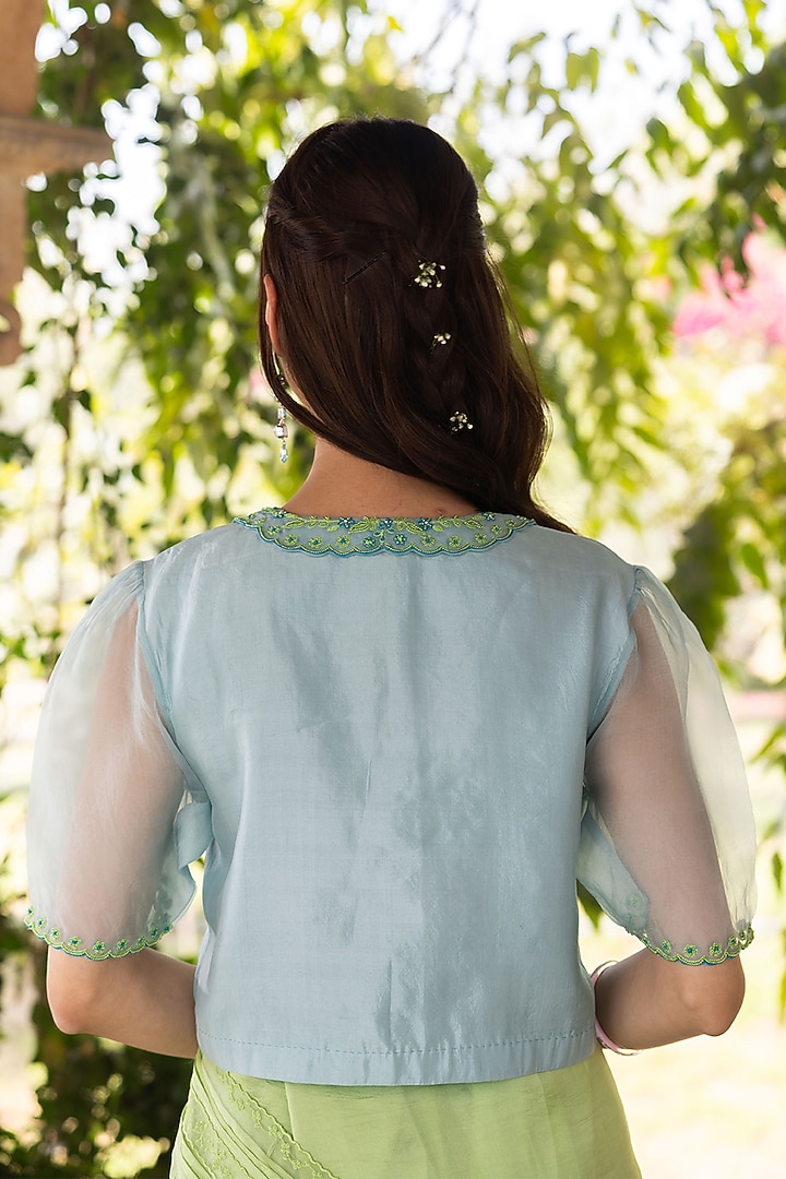 Blue Handwoven Organza Mulberry Silk Hand Embroidered Blouse by Surmaye at Pernia's Pop Up Shop