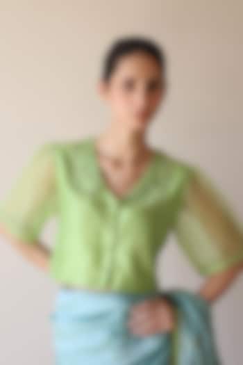 Green Handwoven Organza Mulberry Silk Hand Embroidered Blouse by Surmaye at Pernia's Pop Up Shop