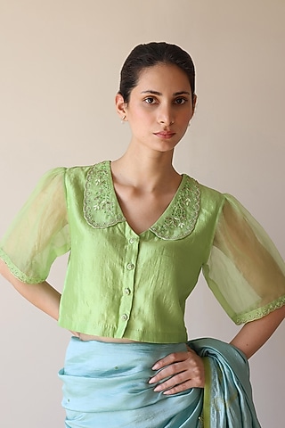 Green Handwoven Organza Mulberry Silk Hand Embroidered Blouse by Surmaye