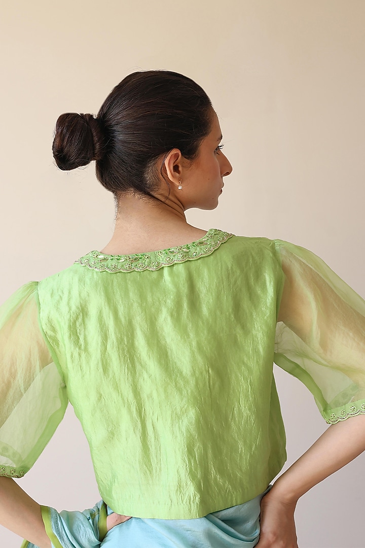Green Handwoven Organza Mulberry Silk Hand Embroidered Blouse by Surmaye at Pernia's Pop Up Shop