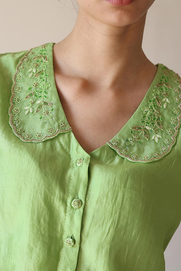 Green Handwoven Organza Mulberry Silk Hand Embroidered Blouse by Surmaye at Pernia's Pop Up Shop