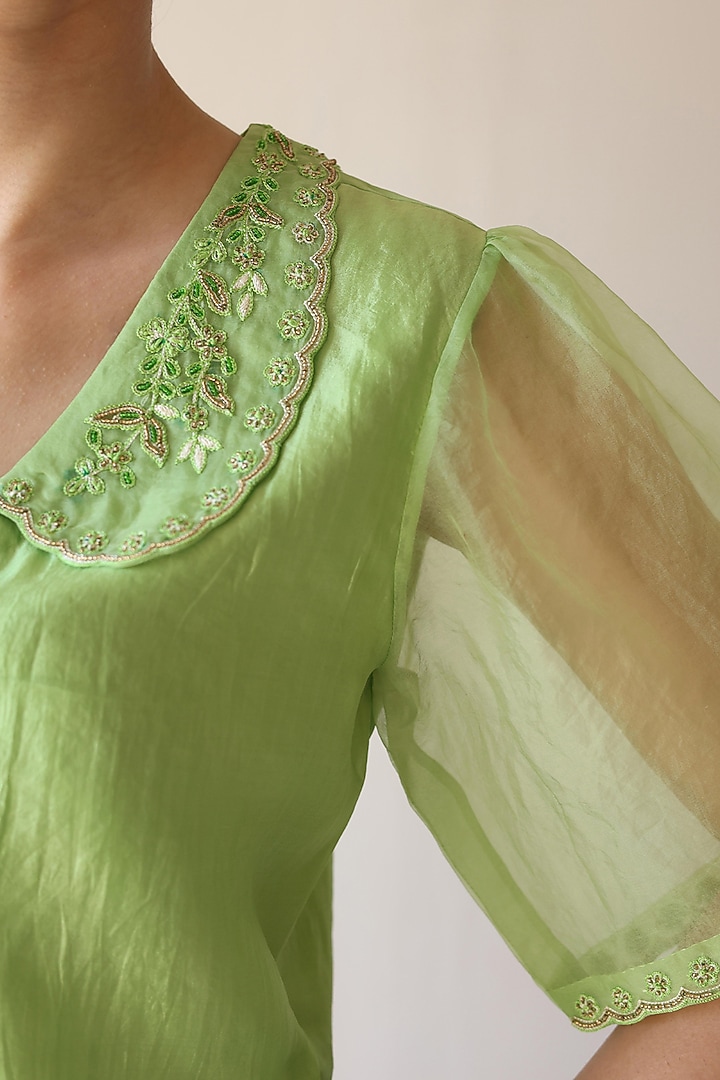 Green Handwoven Organza Mulberry Silk Hand Embroidered Blouse by Surmaye at Pernia's Pop Up Shop