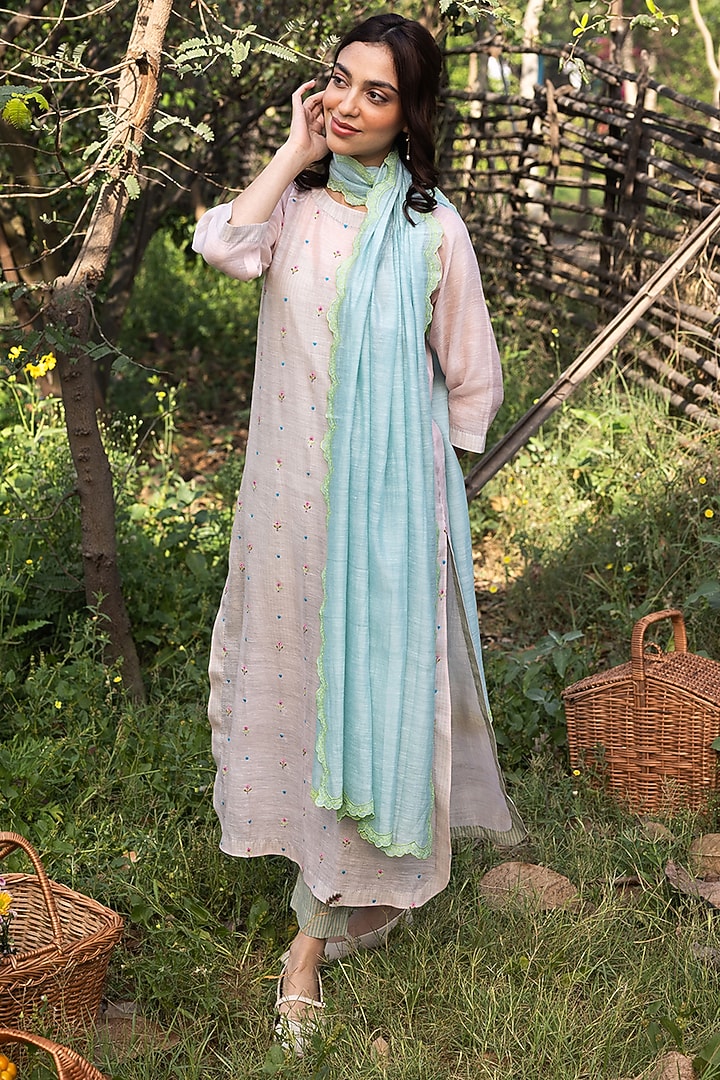 Blue Handwoven Fine Silk Khadi Floral Cutwork Dupatta by Surmaye at Pernia's Pop Up Shop