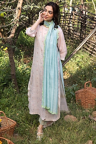 Blue Handwoven Fine Silk Khadi Floral Cutwork Dupatta by Surmaye