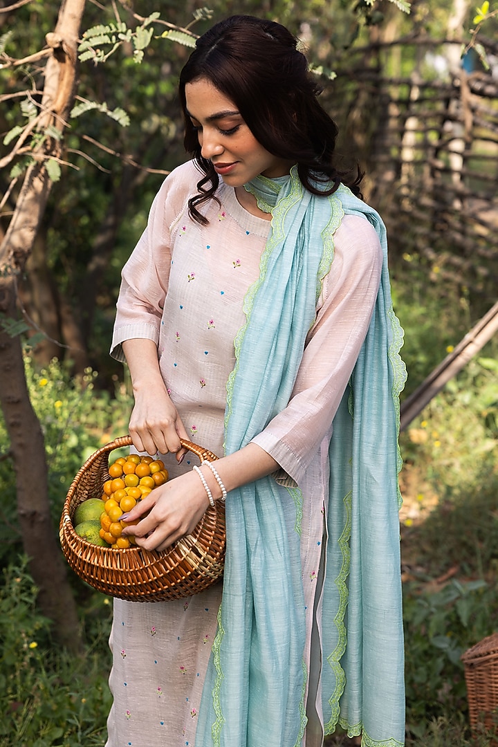 Blue Handwoven Fine Silk Khadi Floral Cutwork Dupatta by Surmaye at Pernia's Pop Up Shop