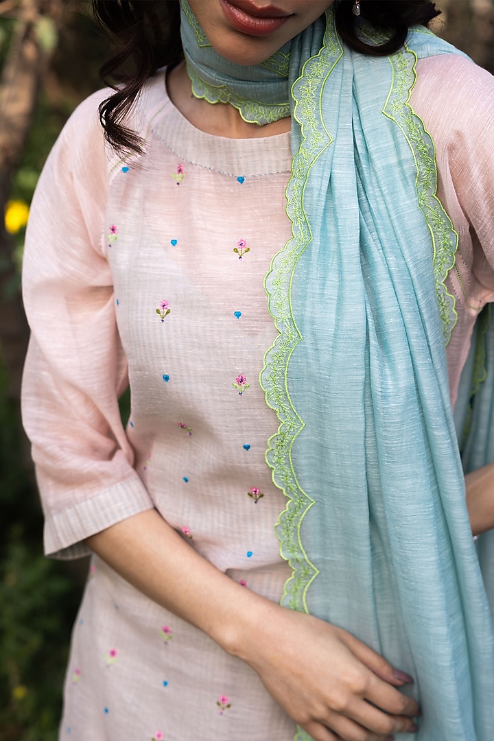 Blue Handwoven Fine Silk Khadi Floral Cutwork Dupatta by Surmaye at Pernia's Pop Up Shop