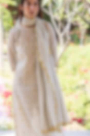 Beige Handwoven Fine Silk Khadi Floral Cutwork Dupatta by Surmaye at Pernia's Pop Up Shop