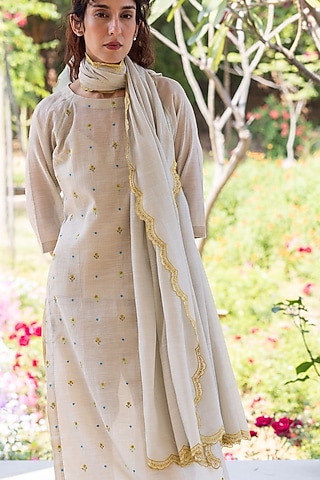 Beige Handwoven Fine Silk Khadi Floral Cutwork Dupatta by Surmaye