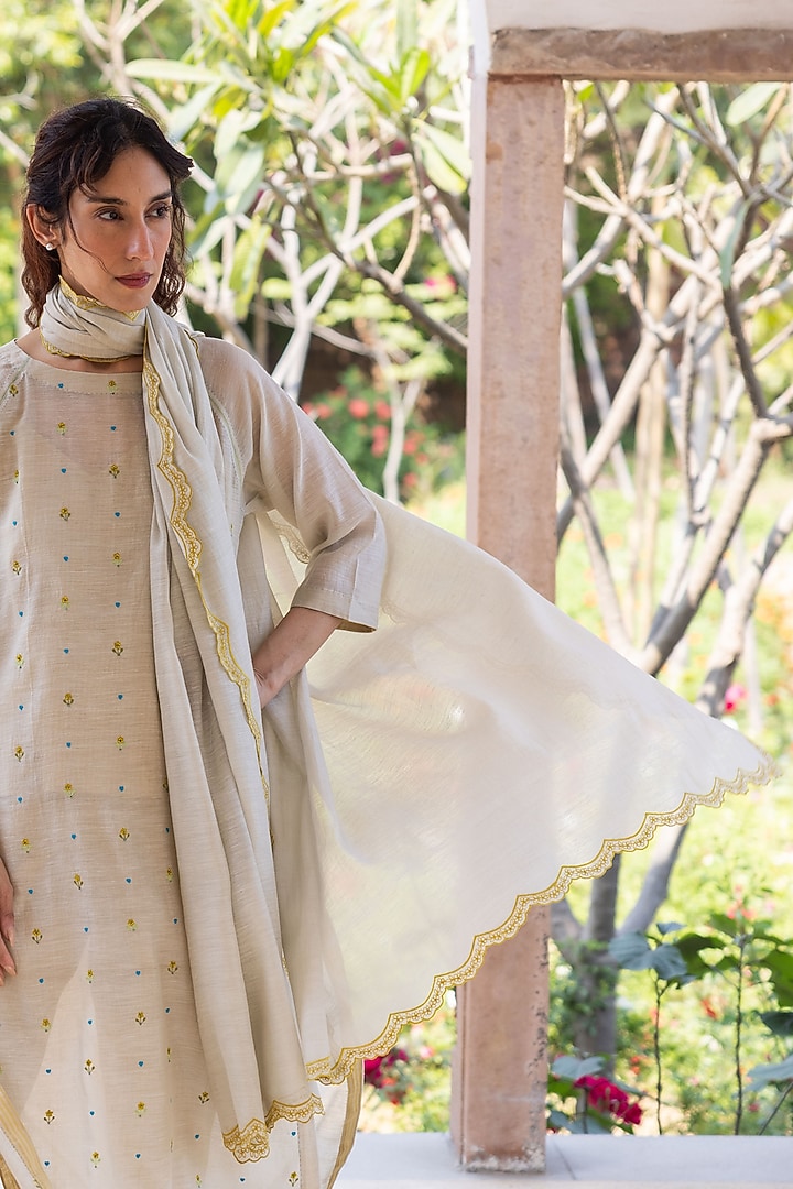 Beige Handwoven Fine Silk Khadi Floral Cutwork Dupatta by Surmaye at Pernia's Pop Up Shop