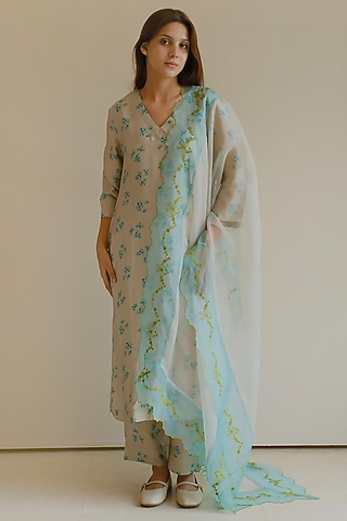 Beige Handspun Malda Silk Floral Printed Kurta Set by Surmaye