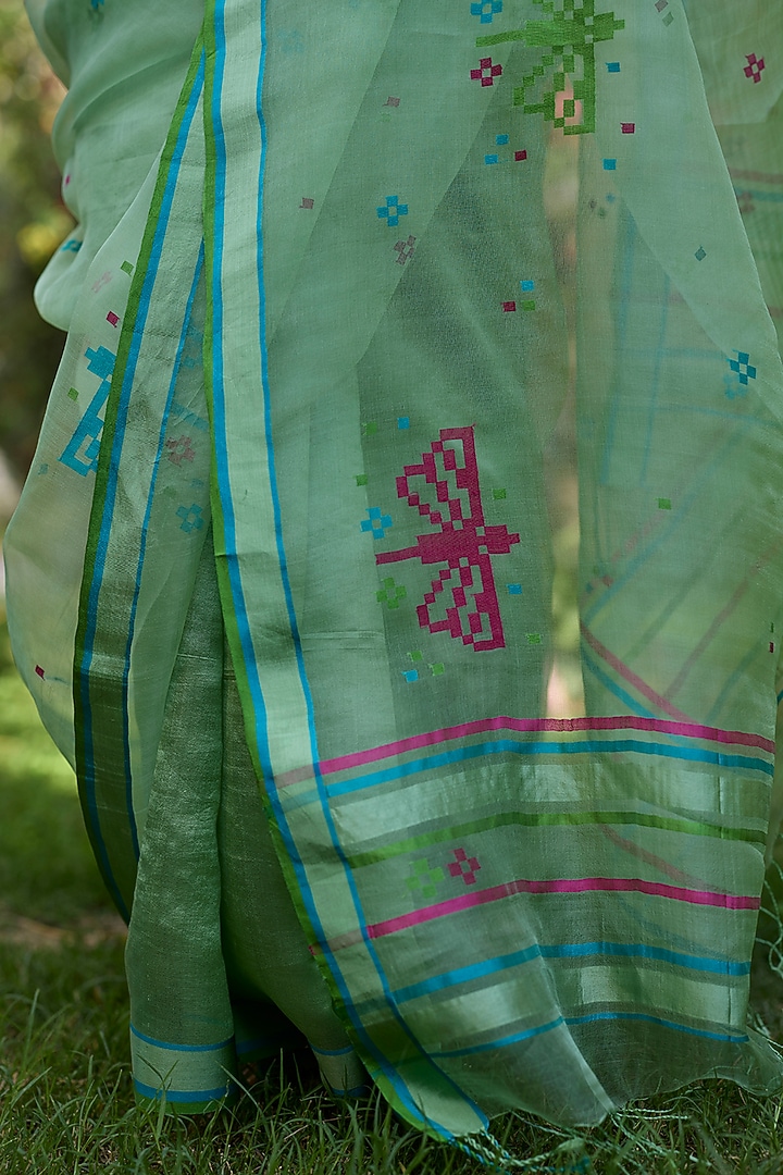 Jade Green Handwoven Organza Silk Jamdani Striped Wedding Saree by Surmaye at Pernia's Pop Up Shop