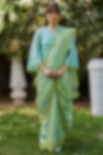 Lime Green Handwoven Mulberry Silk Striped Wedding Saree by Surmaye at Pernia's Pop Up Shop