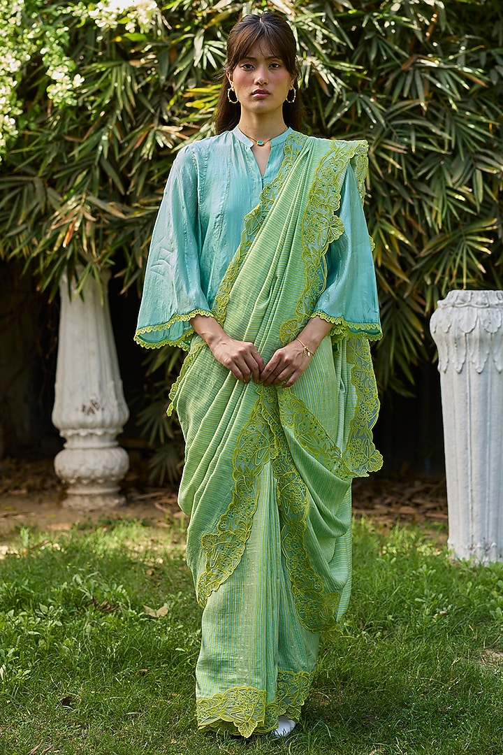 Lime Green Handwoven Mulberry Silk Striped Wedding Saree by Surmaye at Pernia's Pop Up Shop