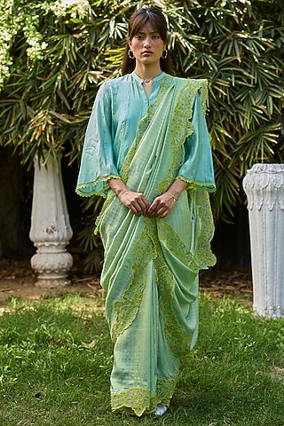 Lime Green Handwoven Mulberry Silk Striped Saree by Surmaye