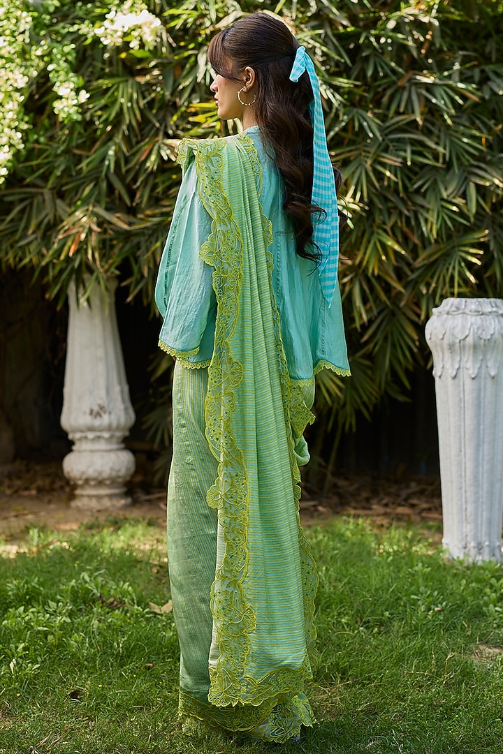 Lime Green Handwoven Mulberry Silk Striped Wedding Saree by Surmaye at Pernia's Pop Up Shop
