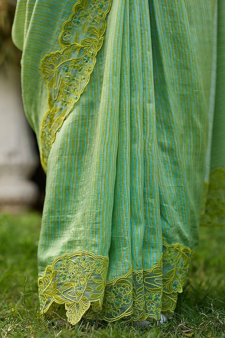Lime Green Handwoven Mulberry Silk Striped Wedding Saree by Surmaye at Pernia's Pop Up Shop