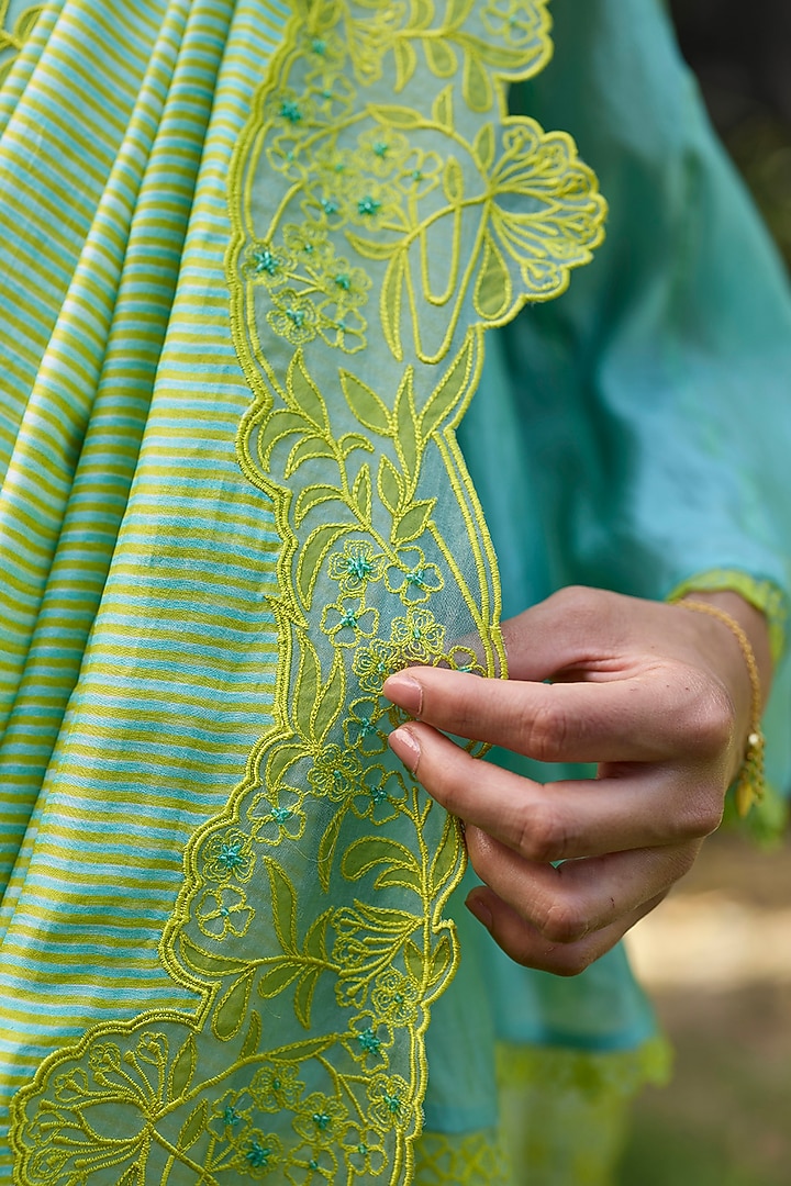 Lime Green Handwoven Mulberry Silk Striped Wedding Saree by Surmaye at Pernia's Pop Up Shop
