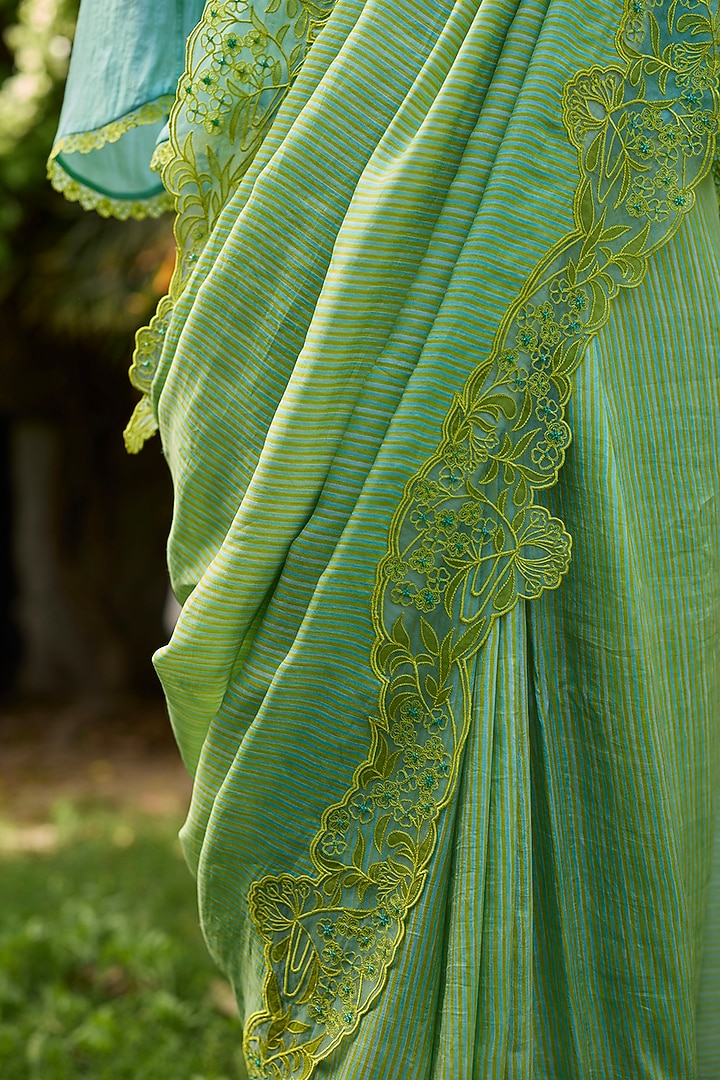 Lime Green Handwoven Mulberry Silk Striped Wedding Saree by Surmaye at Pernia's Pop Up Shop
