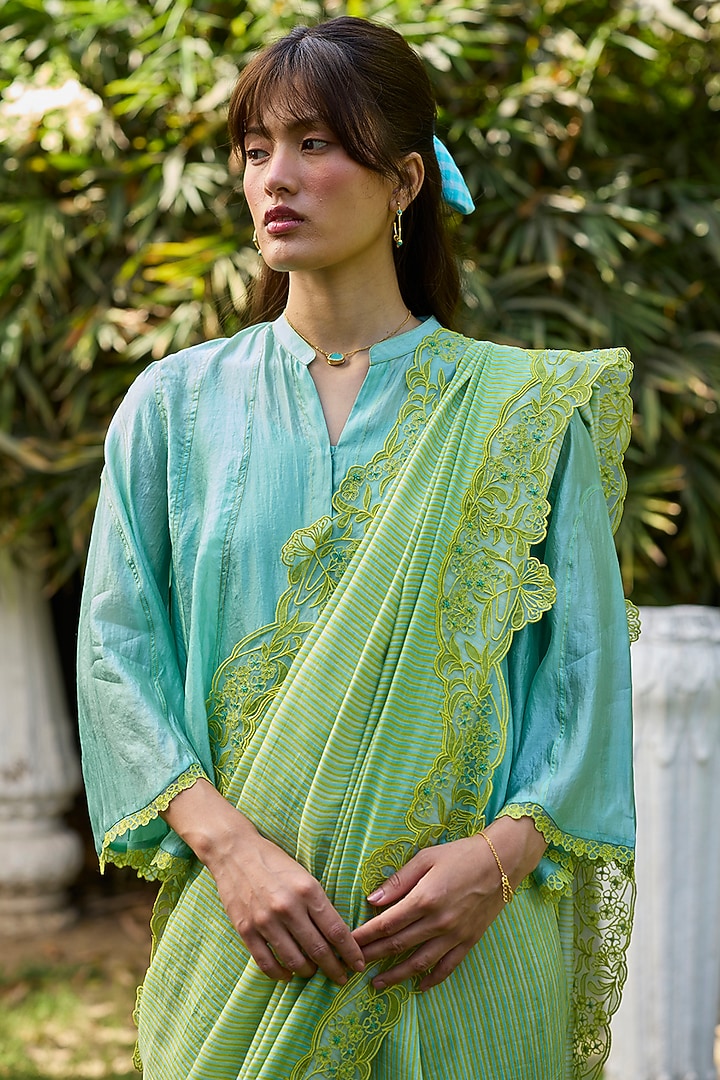 Lime Green Handwoven Mulberry Silk Striped Wedding Saree by Surmaye at Pernia's Pop Up Shop