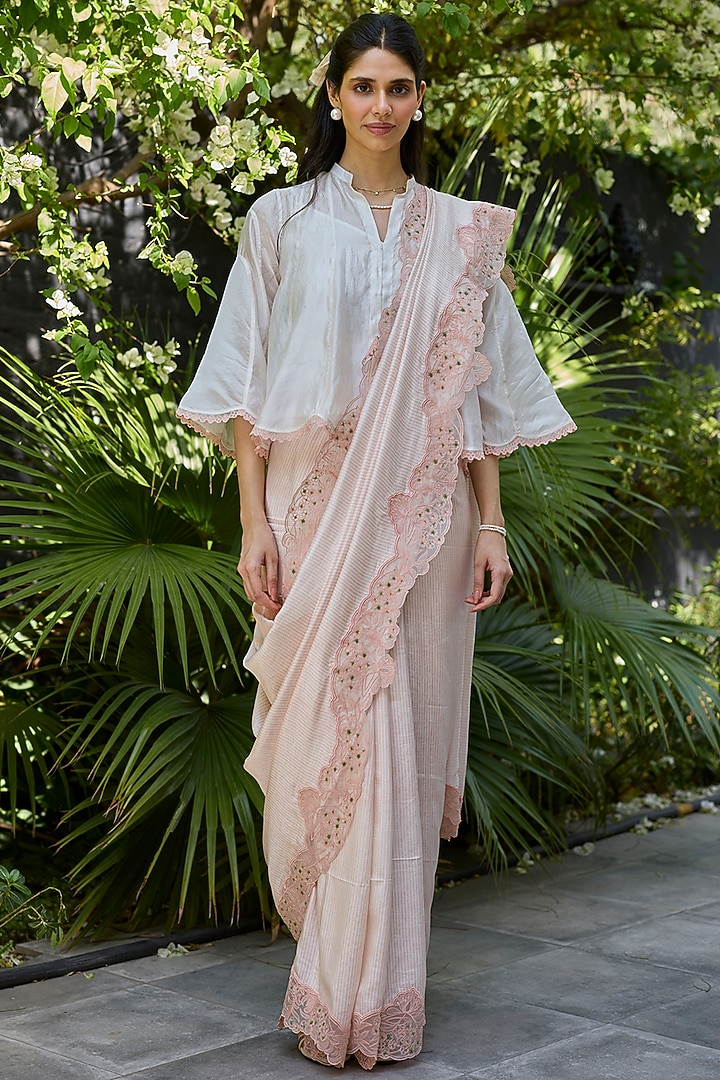 Salmon Pink Handwoven Mulberry Silk Striped Wedding Saree by Surmaye at Pernia's Pop Up Shop