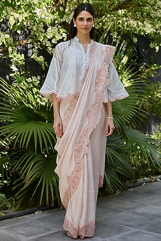 Salmon Pink Handwoven Mulberry Silk Striped Saree by Surmaye