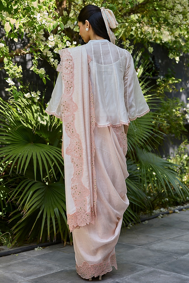 Salmon Pink Handwoven Mulberry Silk Striped Wedding Saree by Surmaye at Pernia's Pop Up Shop