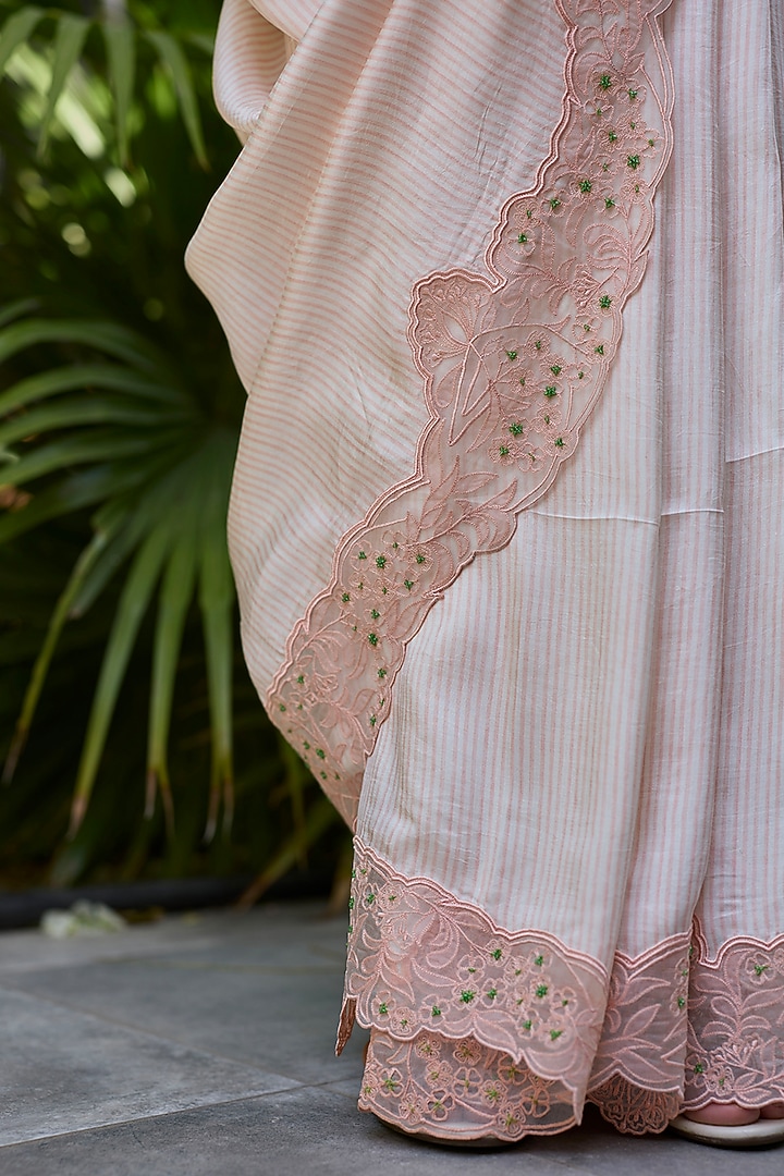 Salmon Pink Handwoven Mulberry Silk Striped Wedding Saree by Surmaye at Pernia's Pop Up Shop