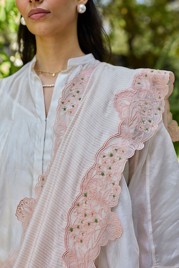 Salmon Pink Handwoven Mulberry Silk Striped Wedding Saree by Surmaye at Pernia's Pop Up Shop