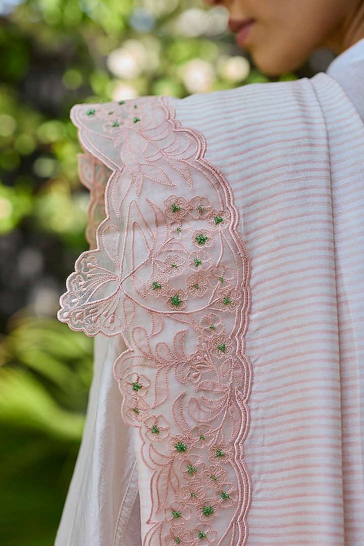 Salmon Pink Handwoven Mulberry Silk Striped Wedding Saree by Surmaye at Pernia's Pop Up Shop