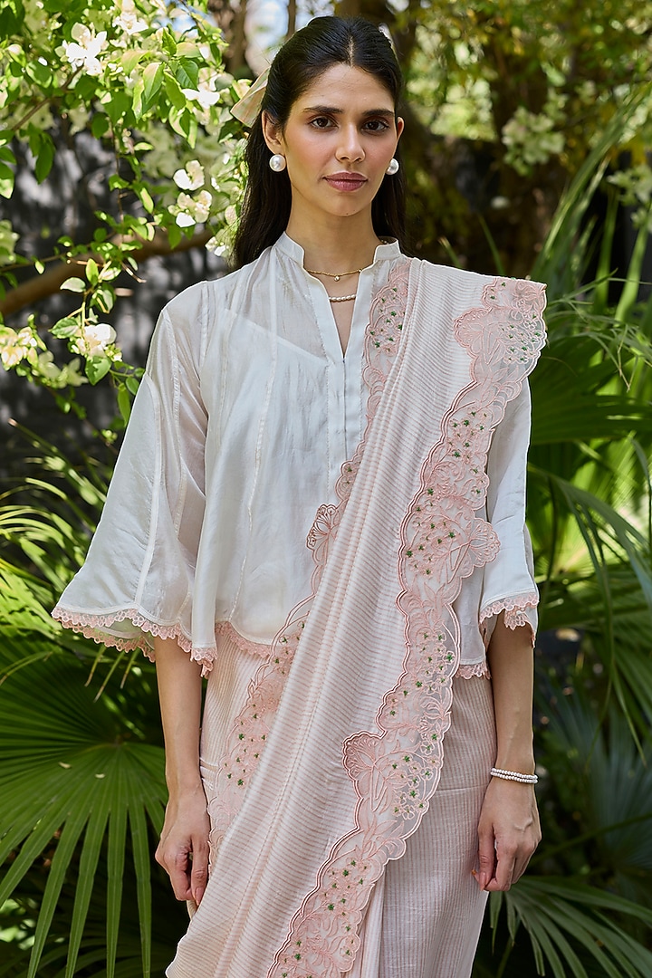 Salmon Pink Handwoven Mulberry Silk Striped Wedding Saree by Surmaye at Pernia's Pop Up Shop