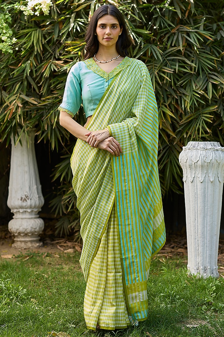 Lime Yellow Handwoven Mulberry Silk Checkered Party Wear Saree by Surmaye at Pernia's Pop Up Shop
