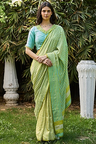 Lime Yellow Handwoven Mulberry Silk Checkered Saree by Surmaye