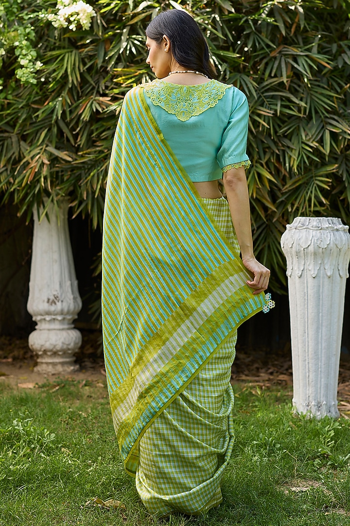Lime Yellow Handwoven Mulberry Silk Checkered Party Wear Saree by Surmaye at Pernia's Pop Up Shop