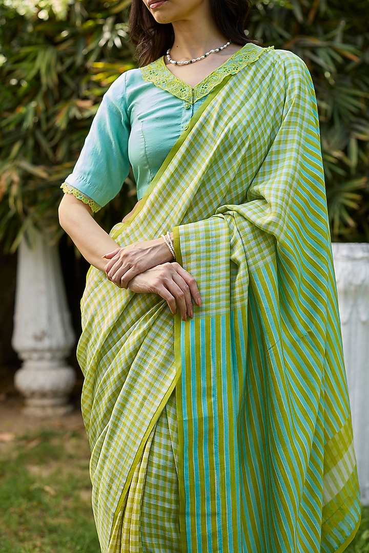 Lime Yellow Handwoven Mulberry Silk Checkered Party Wear Saree by Surmaye at Pernia's Pop Up Shop