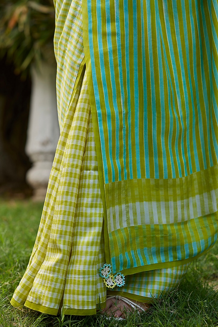 Lime Yellow Handwoven Mulberry Silk Checkered Party Wear Saree by Surmaye at Pernia's Pop Up Shop