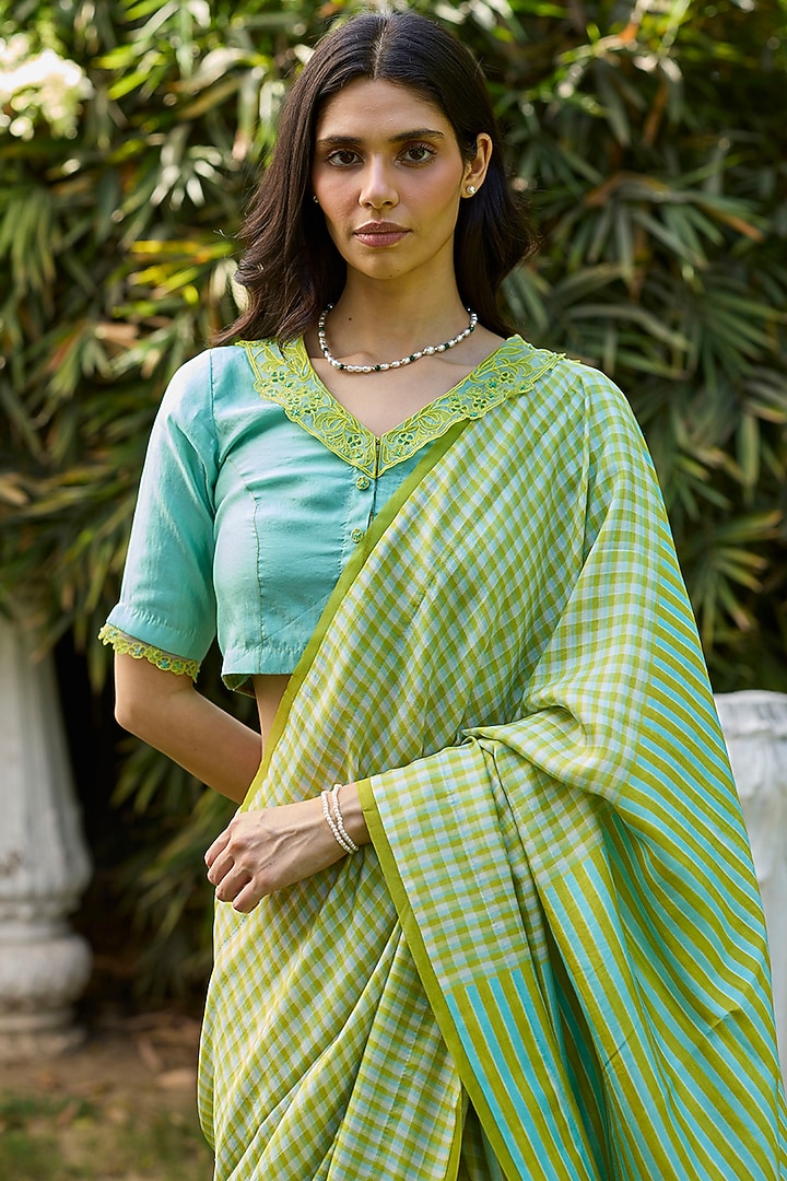 Lime Yellow Handwoven Mulberry Silk Checkered Party Wear Saree by Surmaye at Pernia's Pop Up Shop
