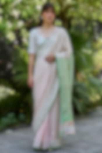 Salmon Pink Handwoven Mulberry Silk Checkered Party Wear Saree by Surmaye at Pernia's Pop Up Shop